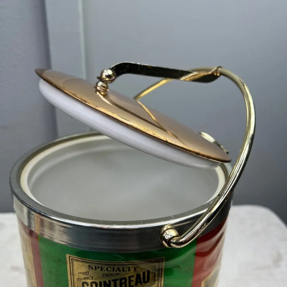 Vintage Kraftware Ice Bucket Martini Rossi King William Piper Gold Tone Flip Lid